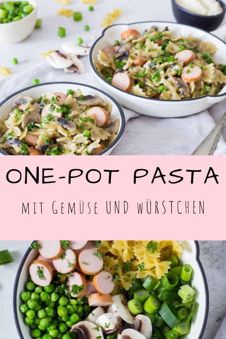 One-Pot Pasta mit Champignons, Erbsen und Würstchen - Kochen für Kinder. Lieblingszwei.de